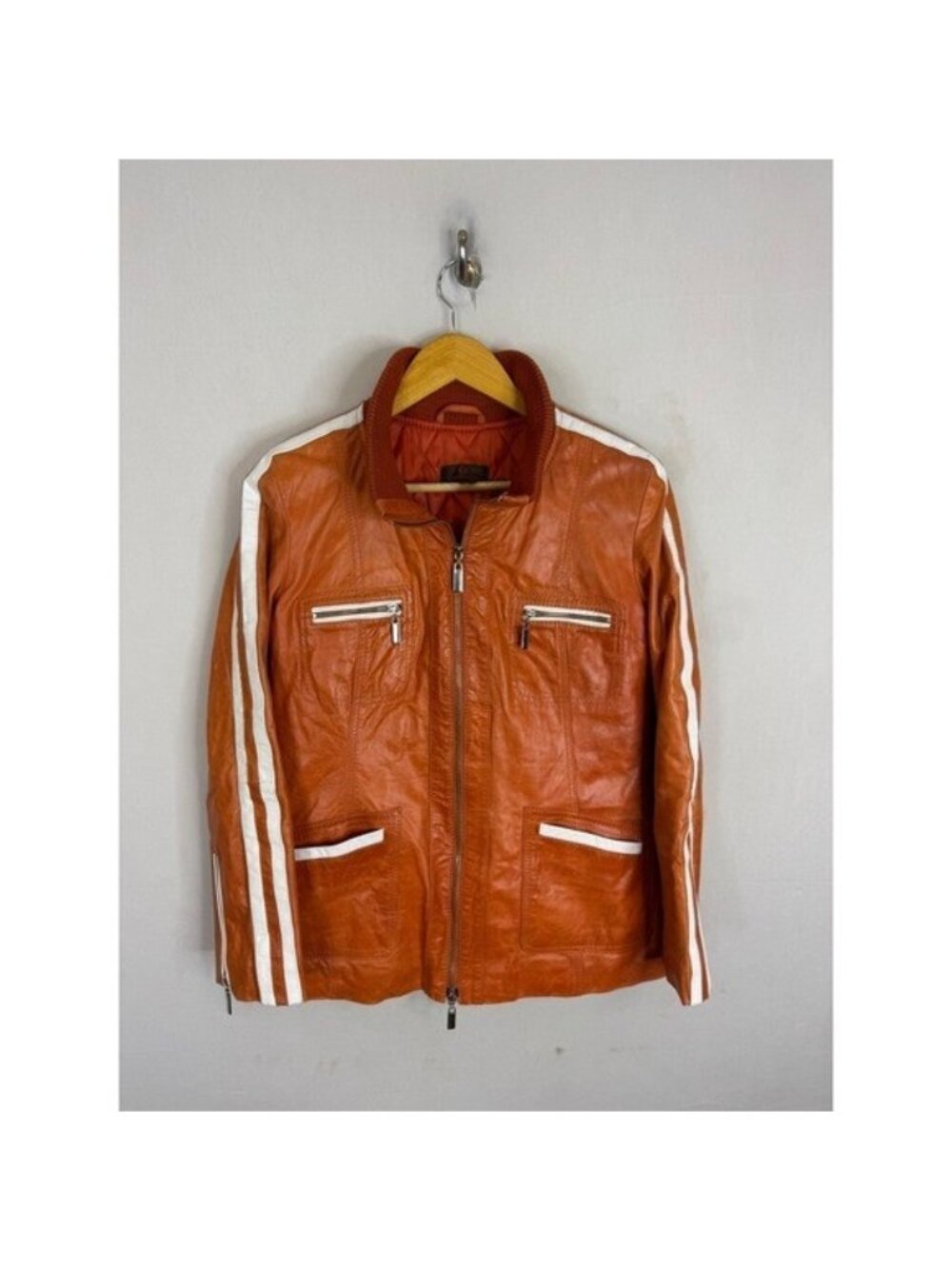 Danier Burnt Orange Genuine Leather Racing Stripe Moto Jacket Women US 8